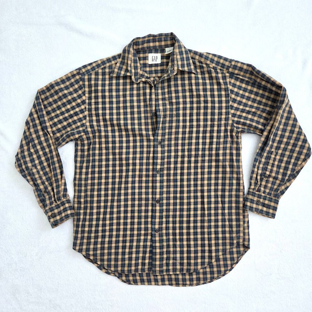 Vintage 90s Gap Plaid Button Down Shirt Men's Small Blue Yellow Cabincore Grunge